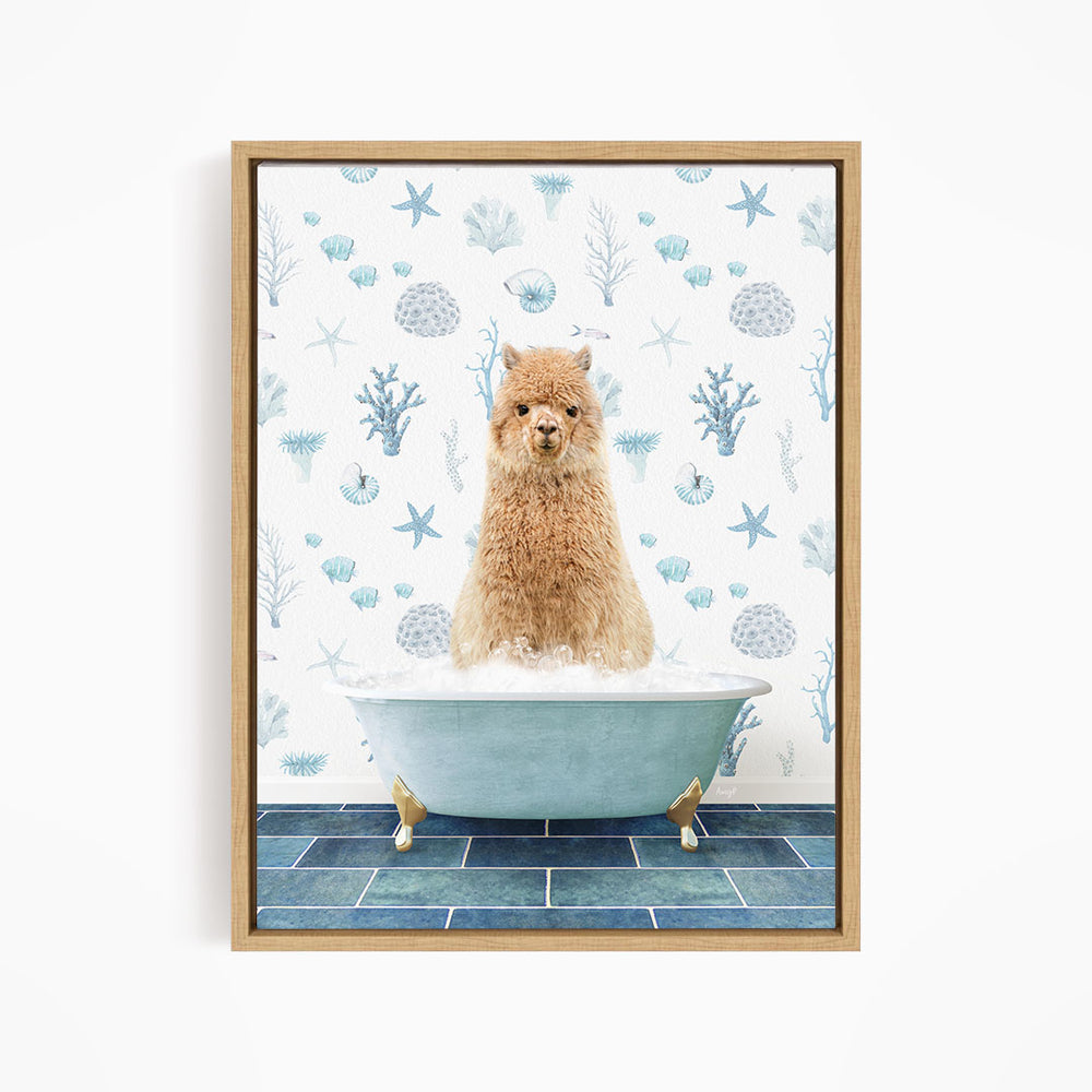 A fluffy brown dog sitting in a blue bathtub filled with bubbles, surrounded by a pattern of seashells, starfish, and other marine life.