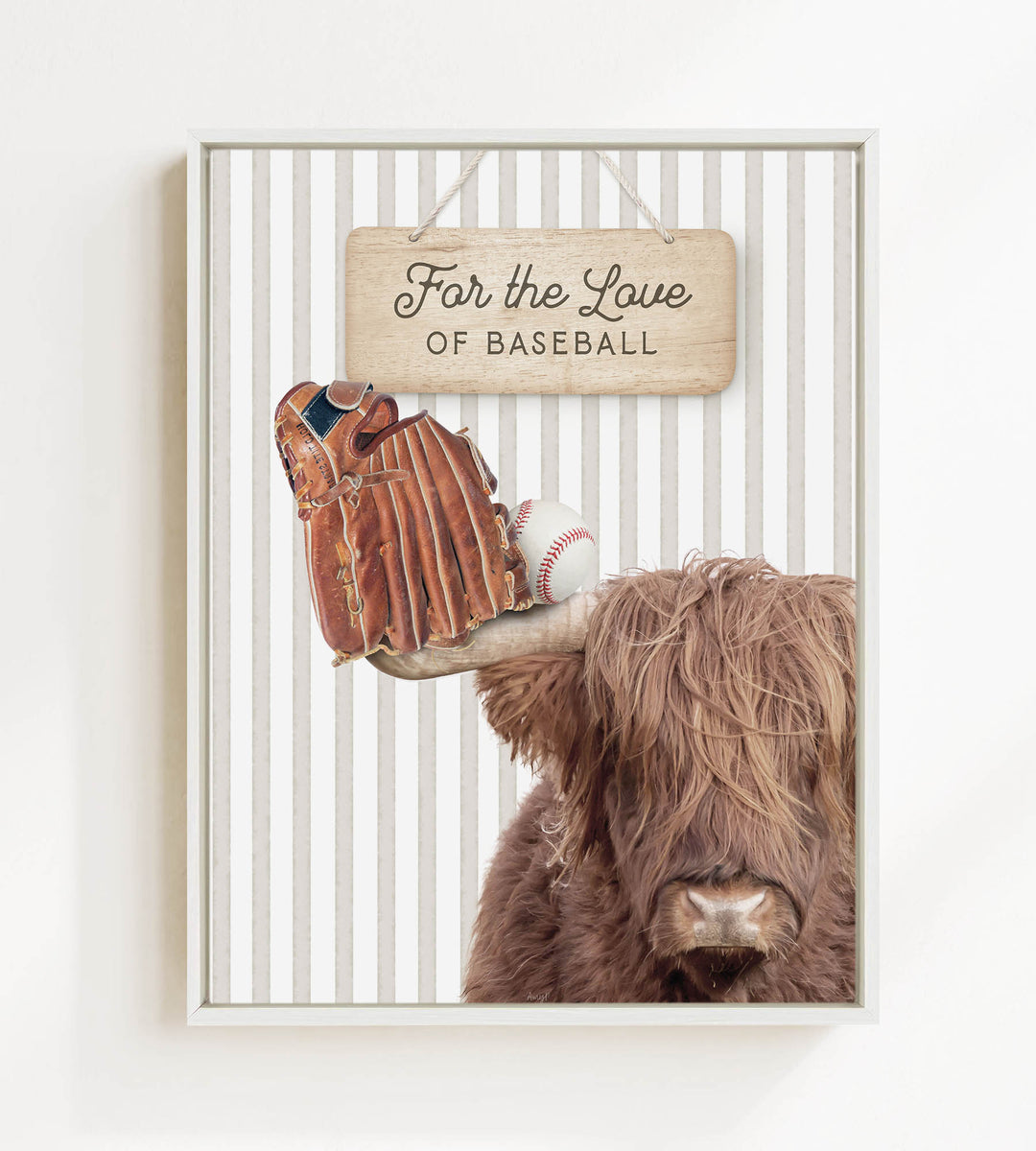 A framed print featuring a close-up of a Highland cow's head with a baseball glove and ball on its head, along with a wooden sign that reads "For the Love of Baseball".