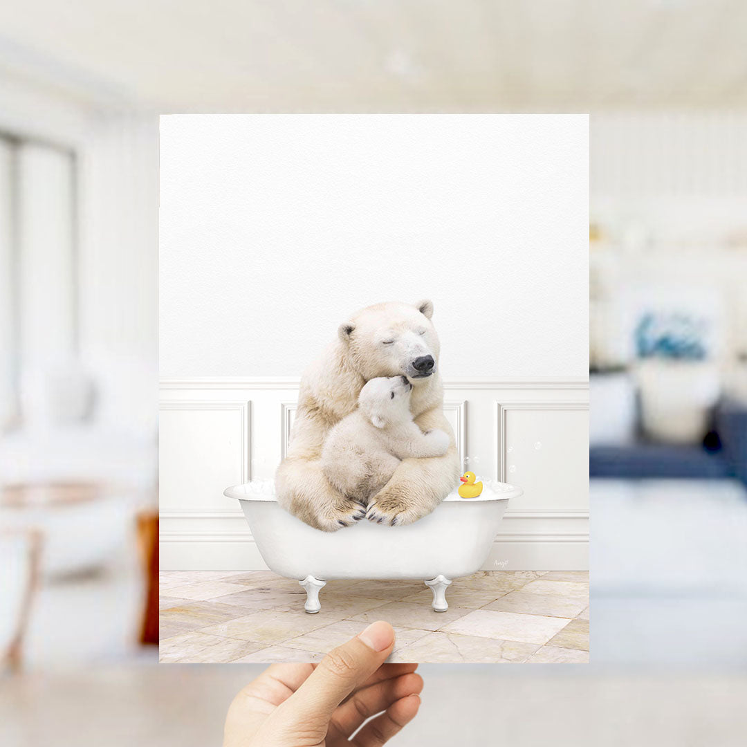 A polar bear and its cub cuddling in a bathtub, with a rubber duck floating in the water.