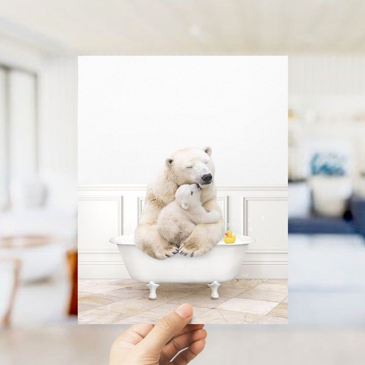 A polar bear and its cub cuddling in a bathtub, with a rubber duck floating in the water.