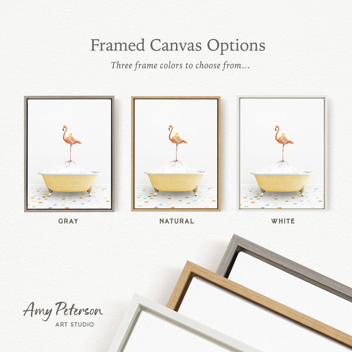 three framed canvas options, each featuring a different color and frame style. The options include a gray frame, a natural frame, and a white frame. The text above the options reads " Framed Canvas Options" and "Three frame colors to choose from...". The text below the options reads "GRY", "NATURAL", and "WHITE". The artist's name, " Amy Peterson ART STUDIO", is also present.