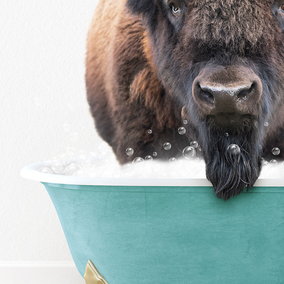 a large buffalo standing in a bath tub