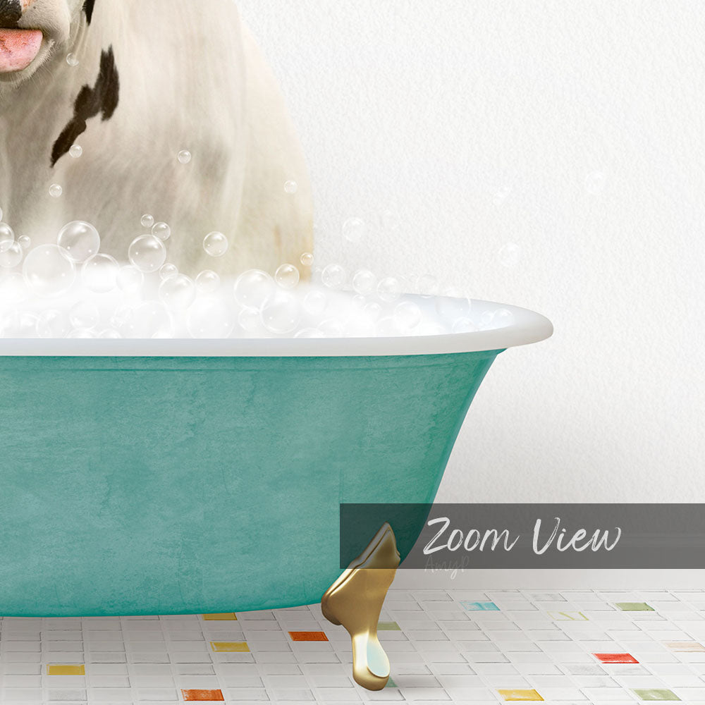 A dog is standing in a teal bathtub filled with bubbles, with a gold bathtub stopper visible.