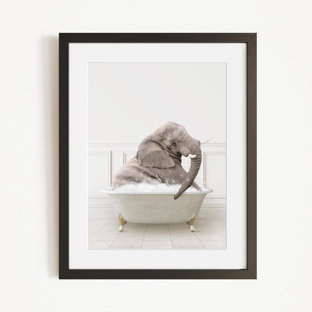 A gray elephant sitting in a white bathtub filled with water, creating a whimsical and playful scene.