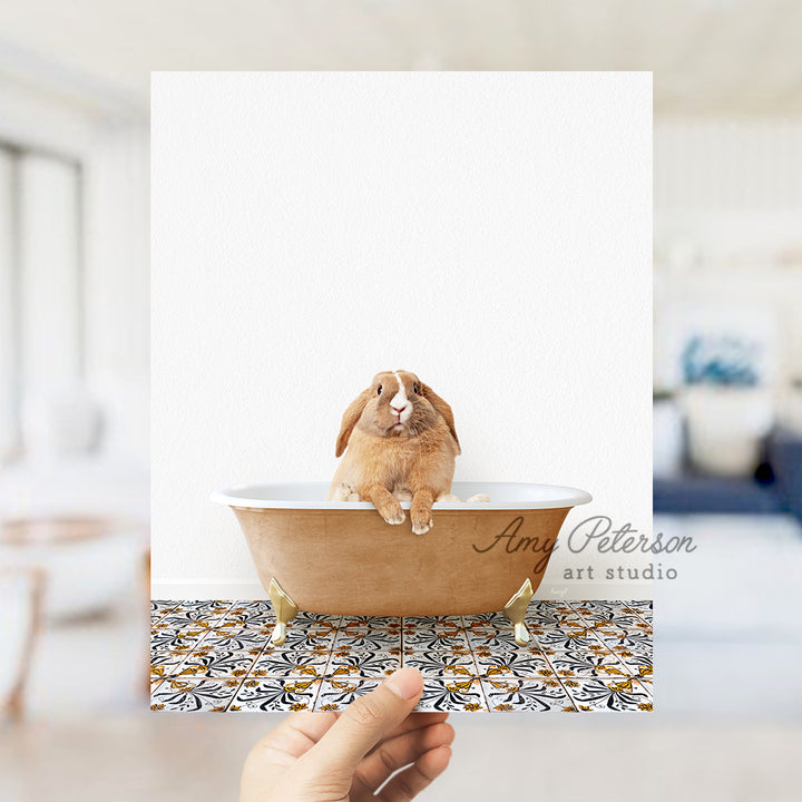 a person holding a card with a rabbit in a bathtub