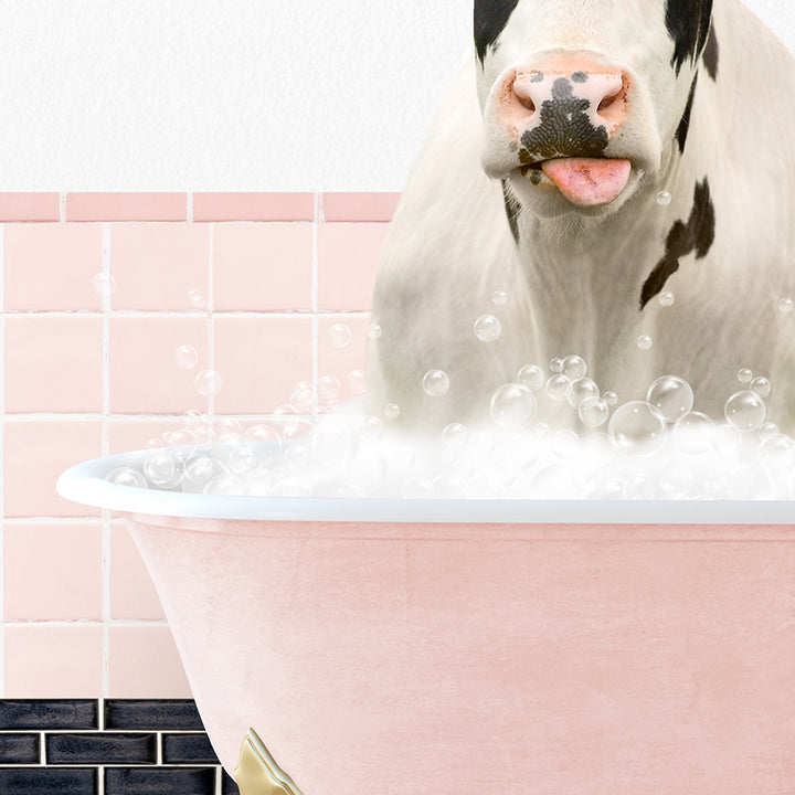 a cow sticking its head out of a bathtub filled with bubbles