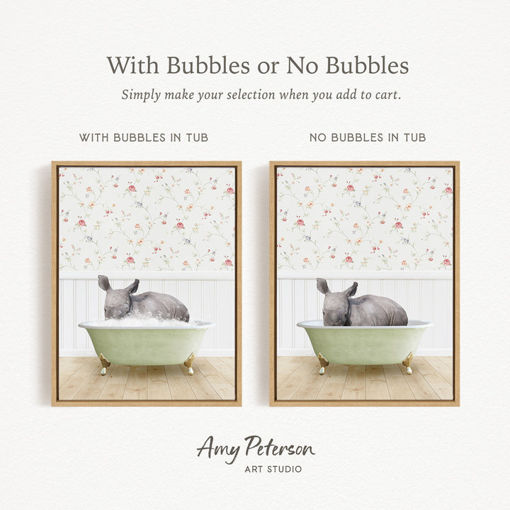 The image is a collage of two framed pictures, each depicting a gray rabbit sitting in a green bathtub. The text above the images reads "With Bubbles or No Bubbles" and below the images, it says "Simply make your selection when you add to cart." The artist's name, Amy Peterson, is mentioned at the bottom of the image.