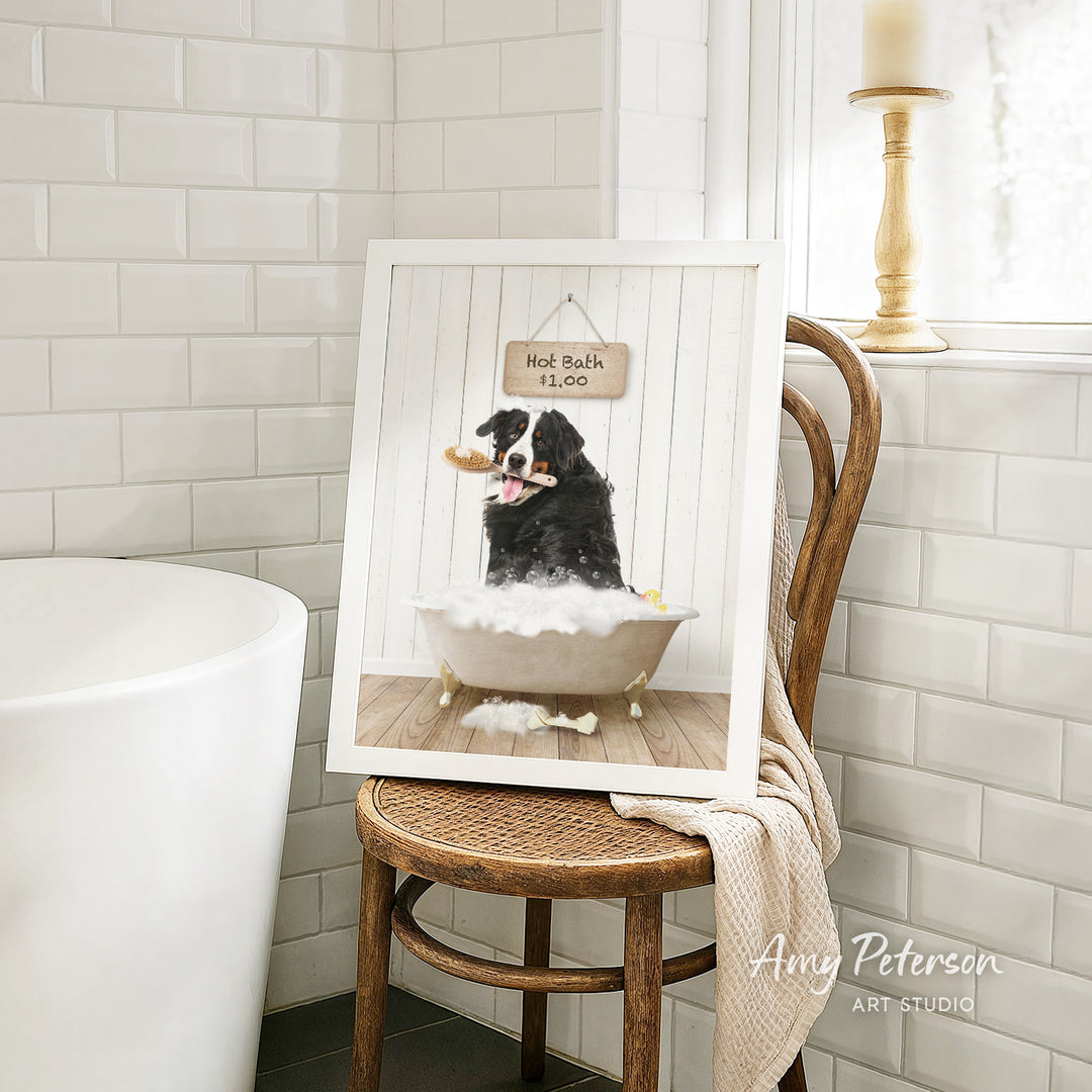 A framed image of a dog sitting in a bathtub, with a sign above it that says "Hot Bath $1.00".