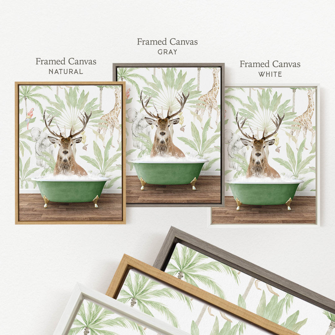 three framed pictures of a deer in a bathtub, each with a different color frame. The first frame is natural, the second is gray, and the third is white.