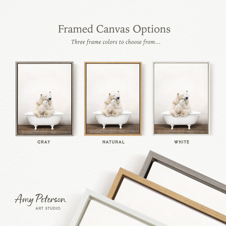 three framed canvas options, each featuring a white bear in a bathtub. The options include a gray frame, a natural frame, and a white frame. The text above the images reads " Framed Canvas Options" and "Three frame colors to choose from...".