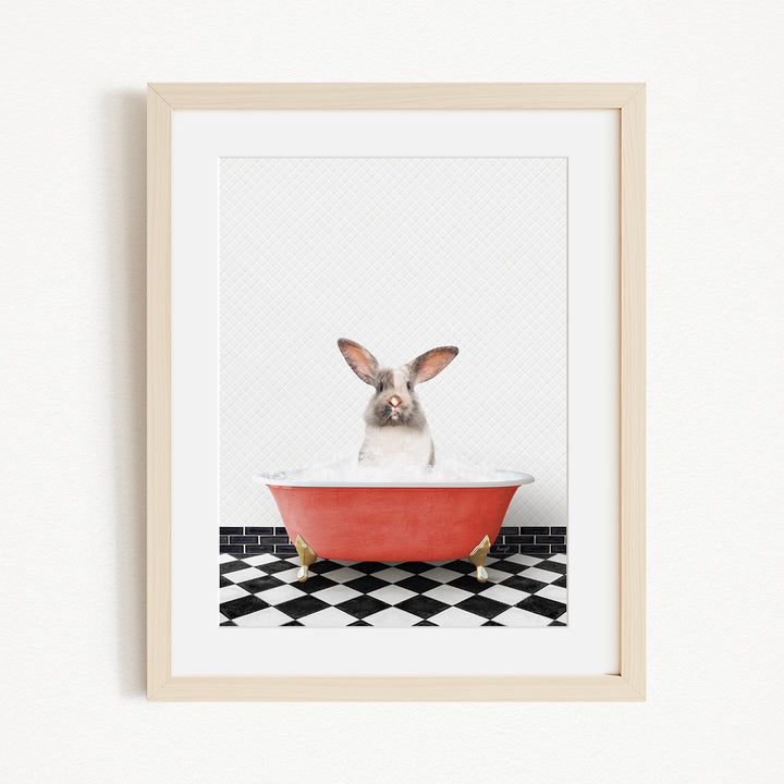 A white rabbit sitting in a red bathtub filled with water, with a black and white checkered floor in the background.