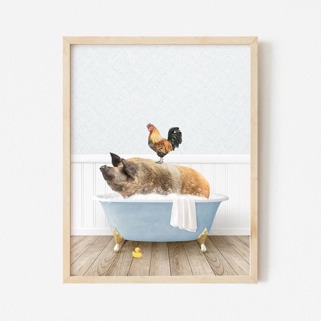 a dog laying in a bathtub with a chicken on top of it