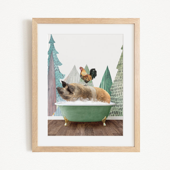 A pig is sitting in a green bathtub, surrounded by a forest scene with trees and a rooster in the background.