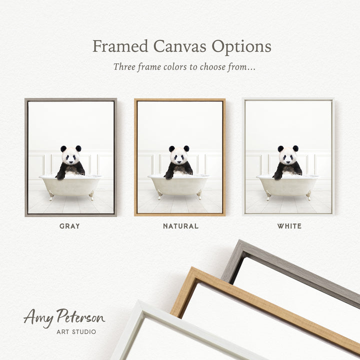 three framed canvas options, each featuring a panda bear sitting in a bathtub. The options include a gray frame, a natural frame, and a white frame.