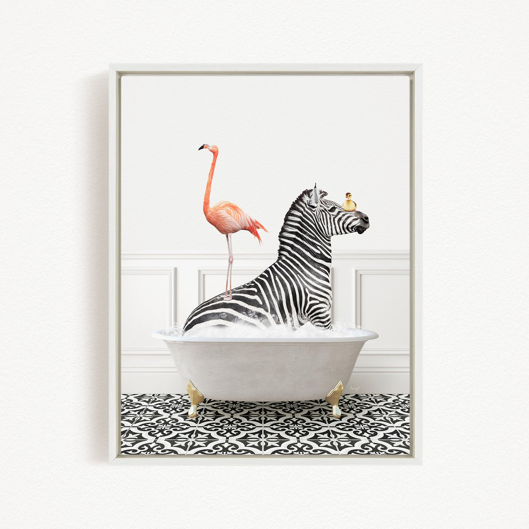 A zebra is sitting in a bathtub, with a pink flamingo standing on its back and a bird perched on its head.