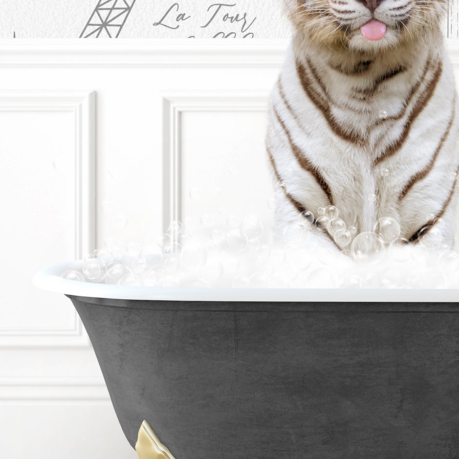 a tiger sitting in a bathtub with foam on it