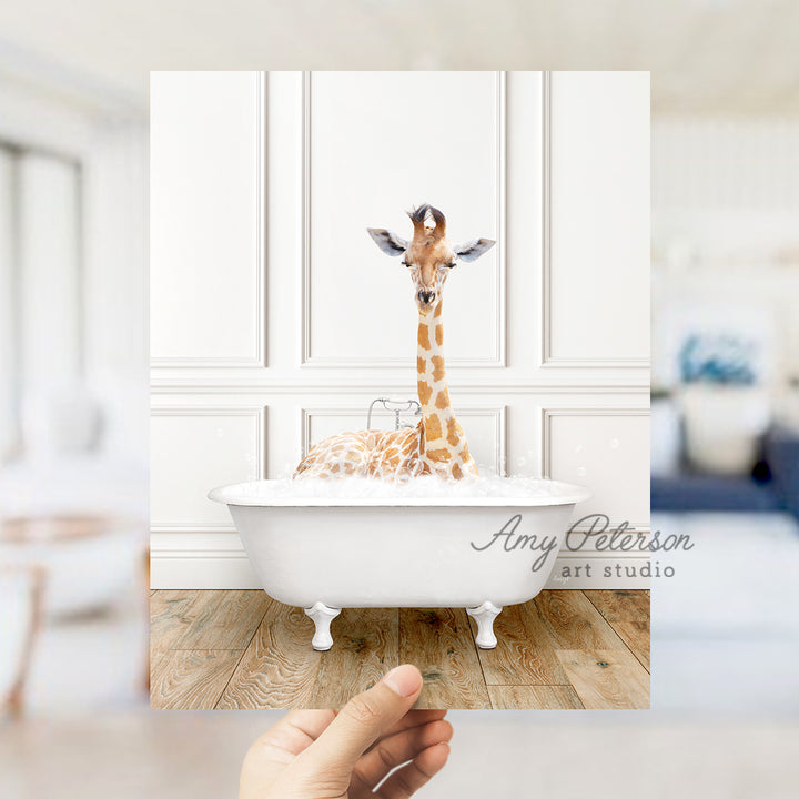 a giraffe is sitting in a bathtub