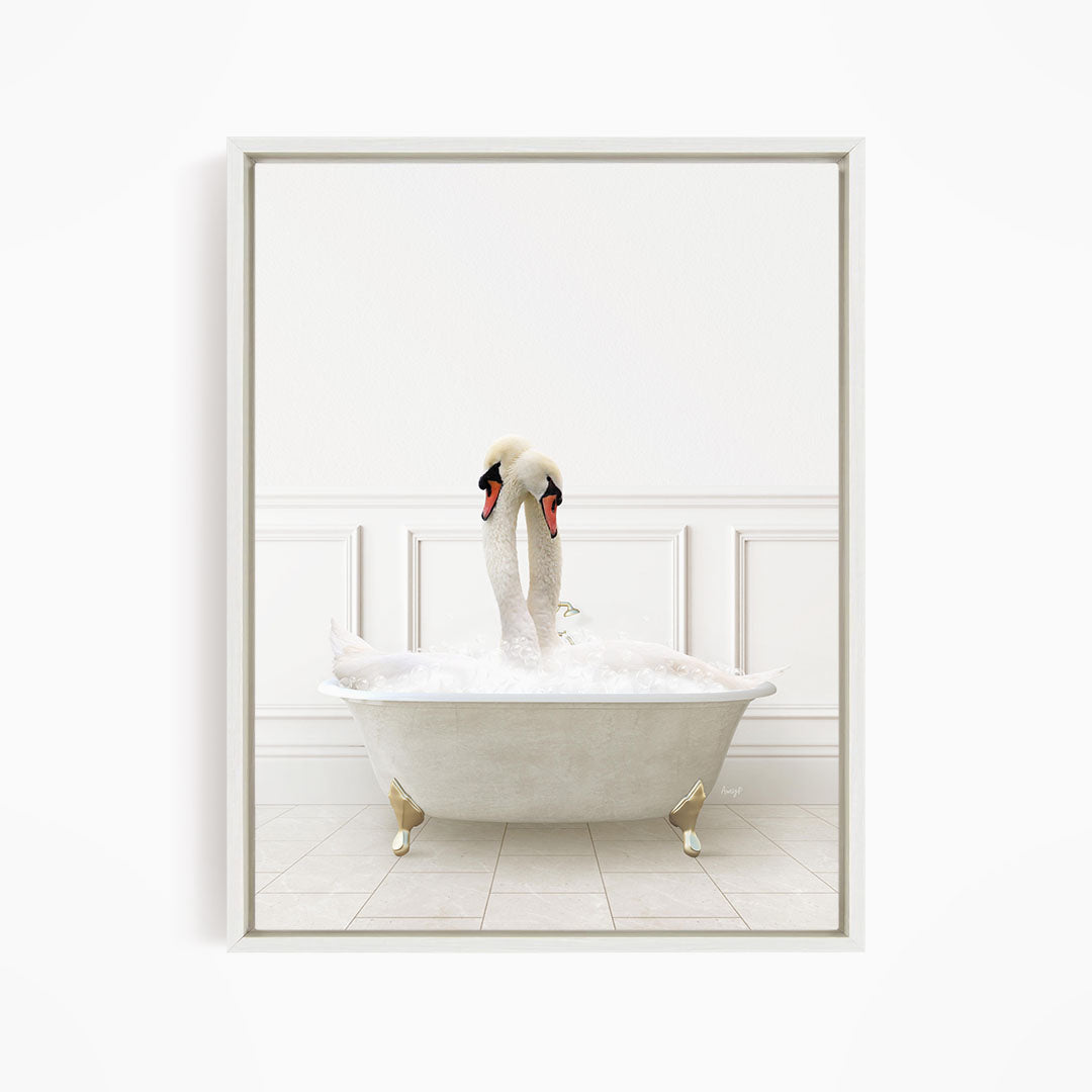 A white swan standing in a white bathtub filled with bubbles, with its head and neck raised above the water.