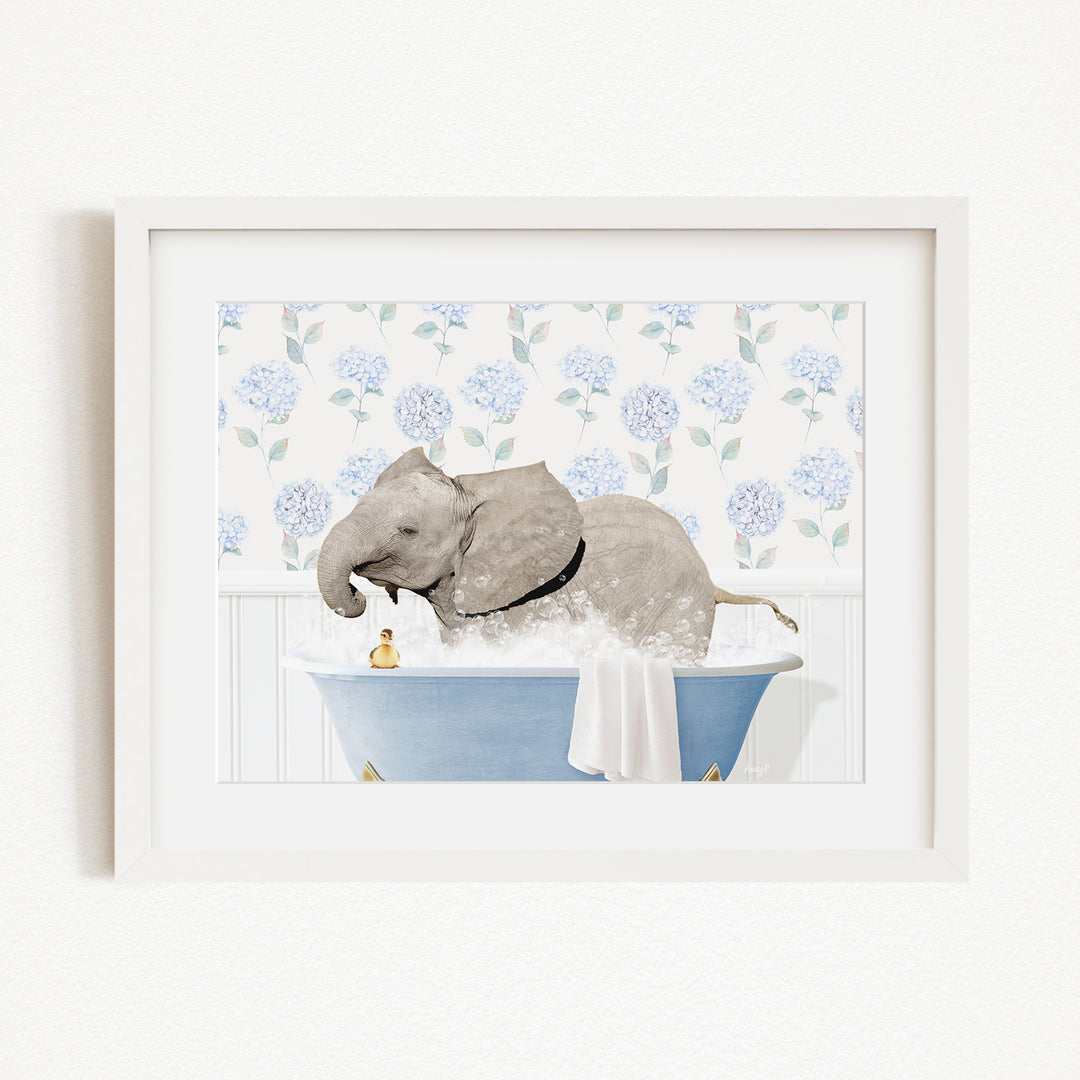 A gray elephant is sitting in a blue bathtub, surrounded by a floral patterned wall.