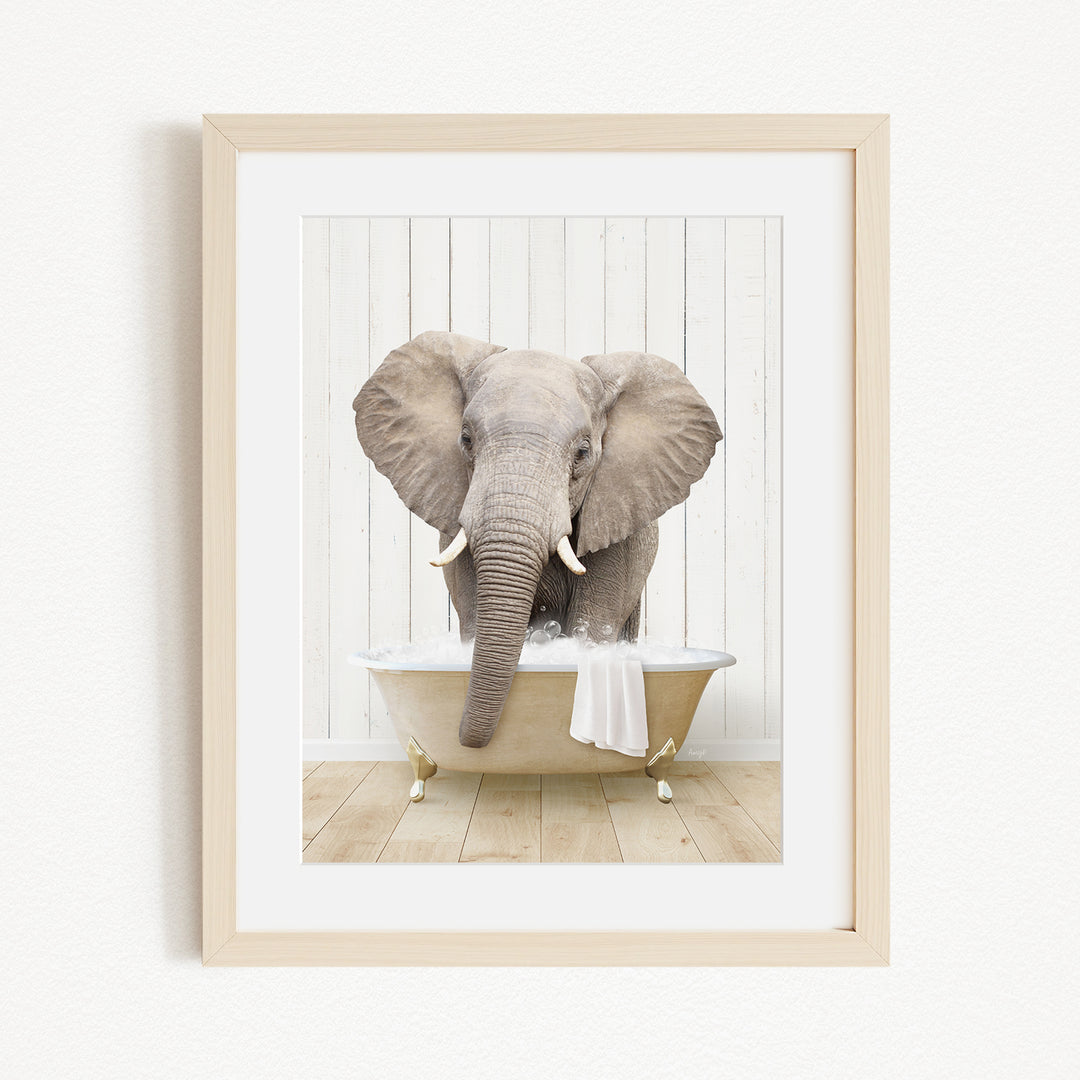 A gray elephant is sitting in a white bathtub, with its trunk extended towards the water.