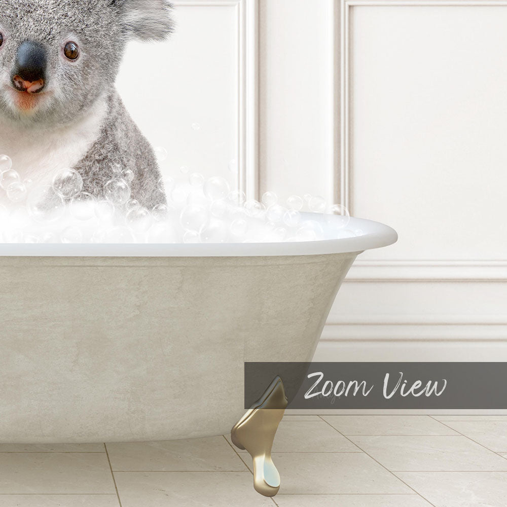 A koala sitting in a bathtub filled with bubbles, as shown in the provided image.