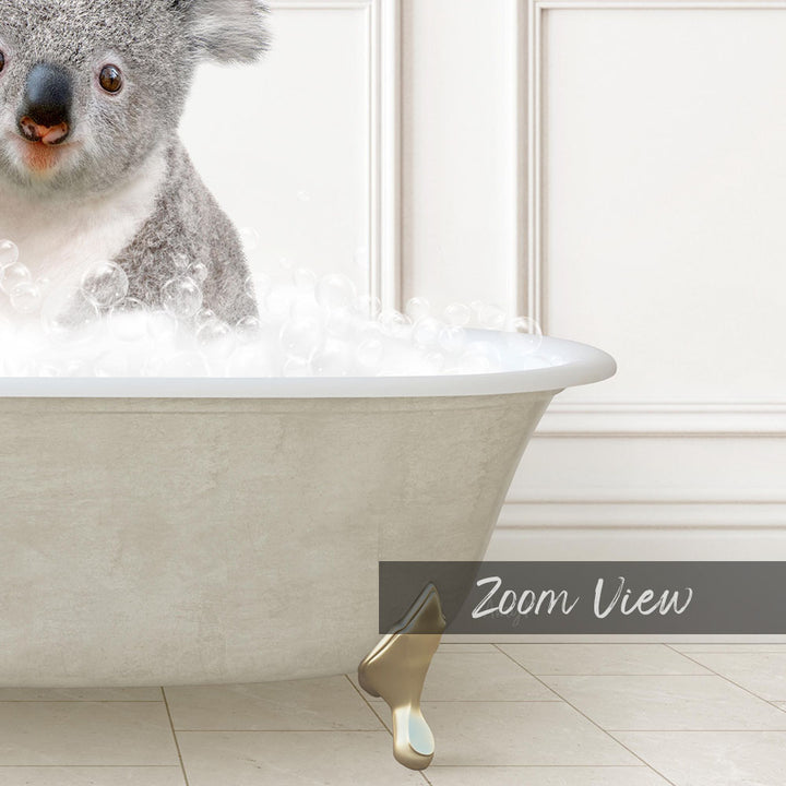 A koala sitting in a bathtub filled with bubbles, as shown in the provided image.