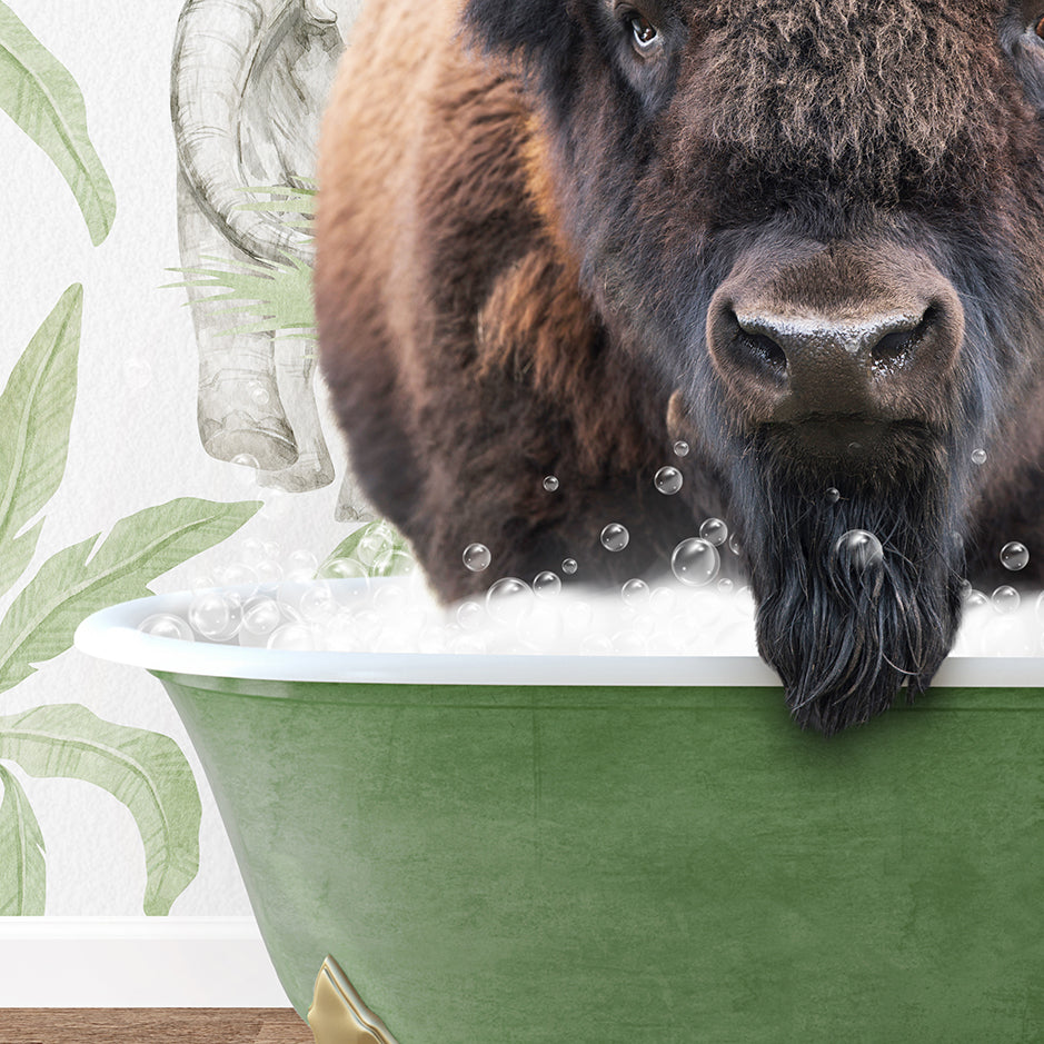 a bison standing in a bathtub with bubbles coming out of it