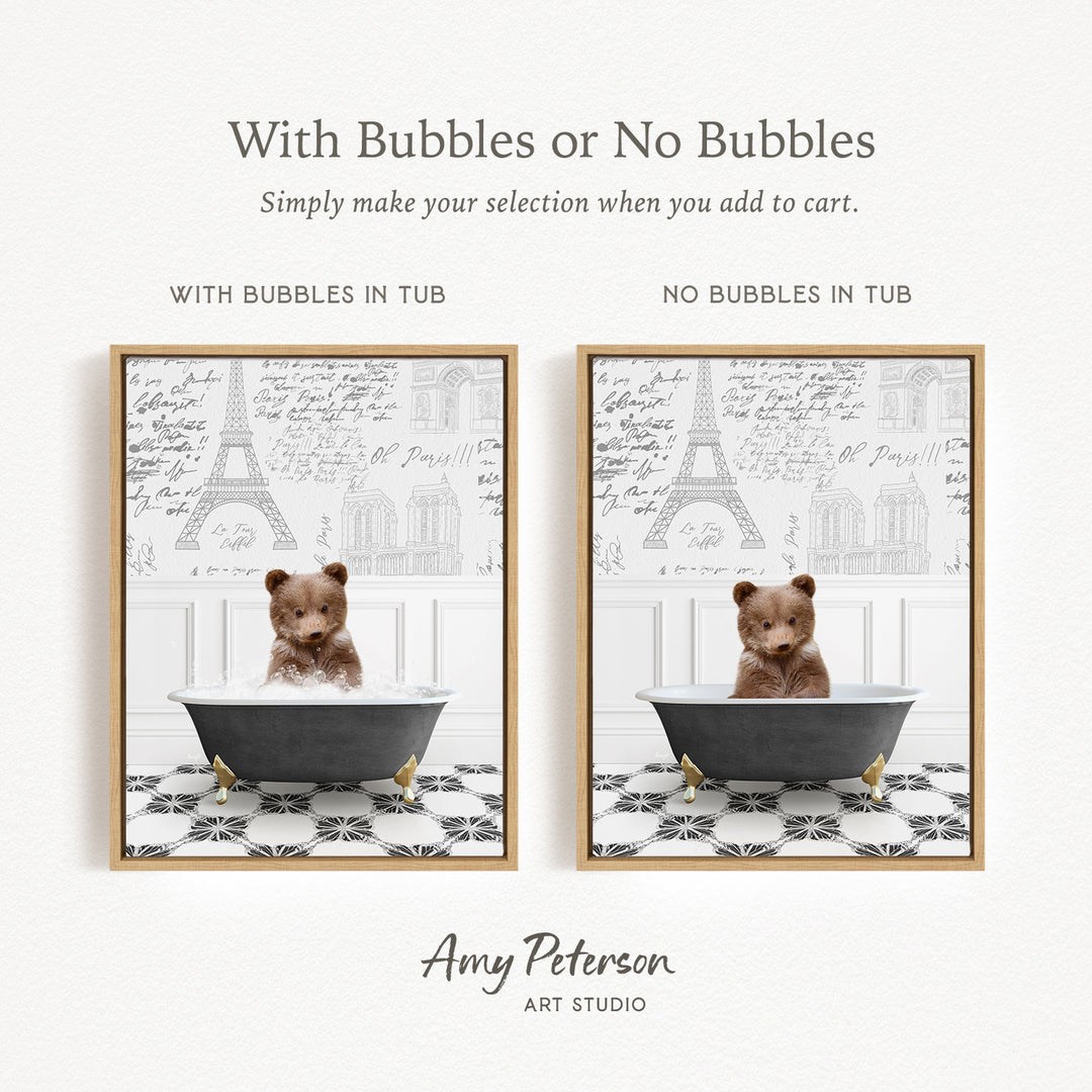 The image is a collage of two pictures featuring a teddy bear sitting in a bathtub. The first picture has bubbles in the tub, while the second picture does not have bubbles. The text above the images reads "With Bubbles or No Bubbles Simply make your selection when you add to cart."