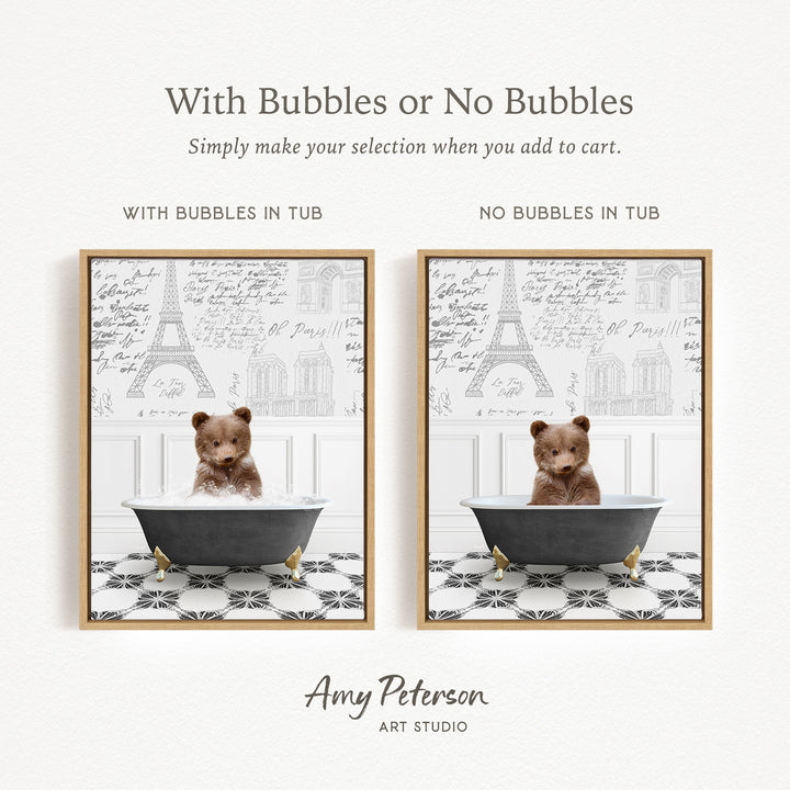 The image is a collage of two pictures featuring a teddy bear sitting in a bathtub. The first picture has bubbles in the tub, while the second picture does not have bubbles. The text above the images reads "With Bubbles or No Bubbles Simply make your selection when you add to cart."