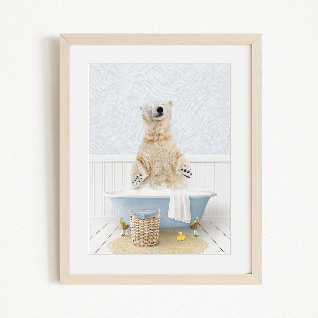 A polar bear standing in a bathtub filled with water, surrounded by rubber ducks and a towel.