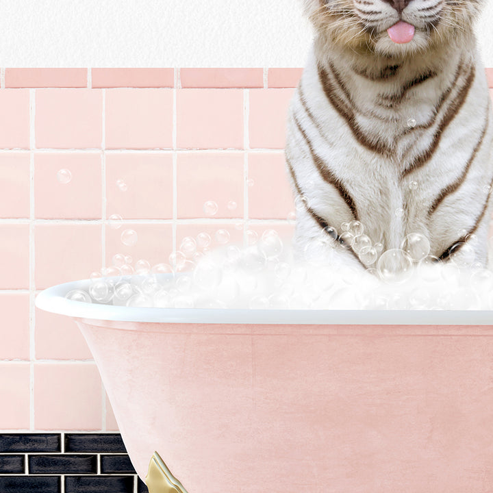 a tiger sitting in a bathtub filled with bubbles