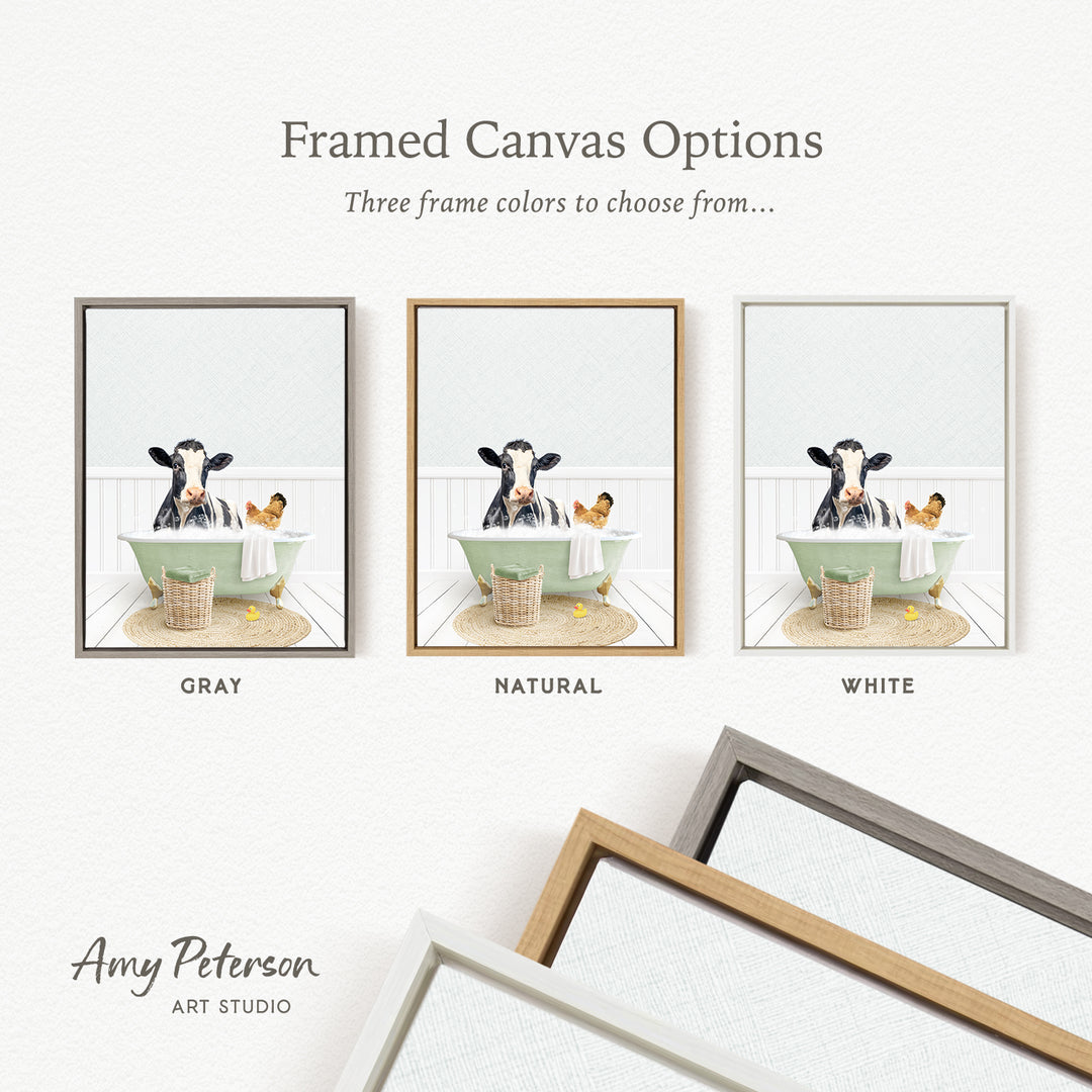three framed canvas options, each featuring a cow relaxing in a bathtub with a chicken and a dog. The options include a gray frame, a natural frame, and a white frame.