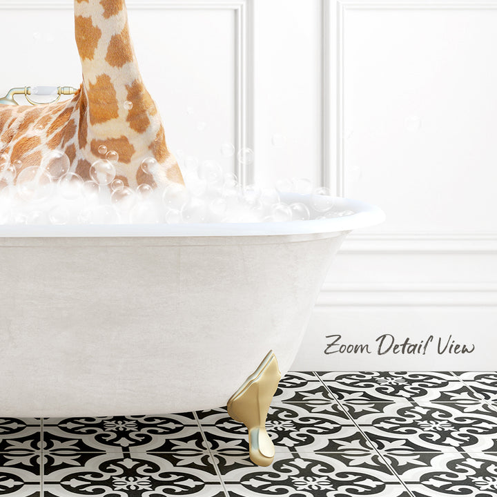 A giraffe standing in a bathtub filled with bubbles, with a black and white tiled floor in the background.