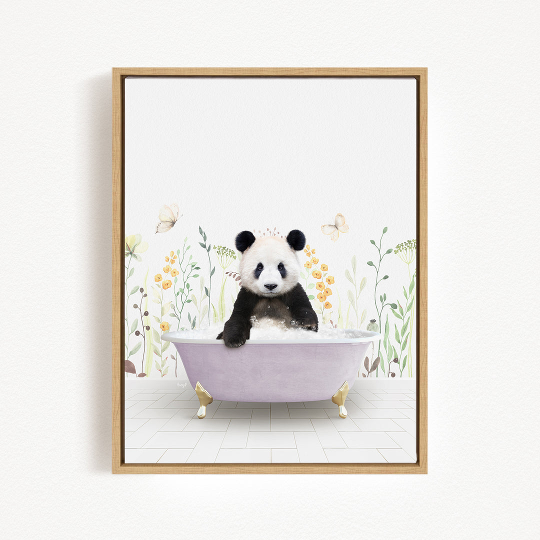 A panda bear sitting in a bathtub filled with flowers and butterflies.