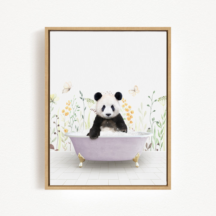 A panda bear sitting in a bathtub filled with flowers and butterflies.