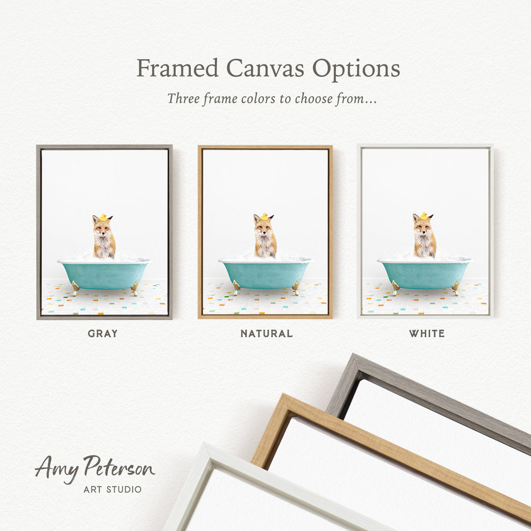 three framed canvas options, each featuring a small orange and white fox sitting in a bathtub. The options include a gray frame, a natural frame, and a white frame.