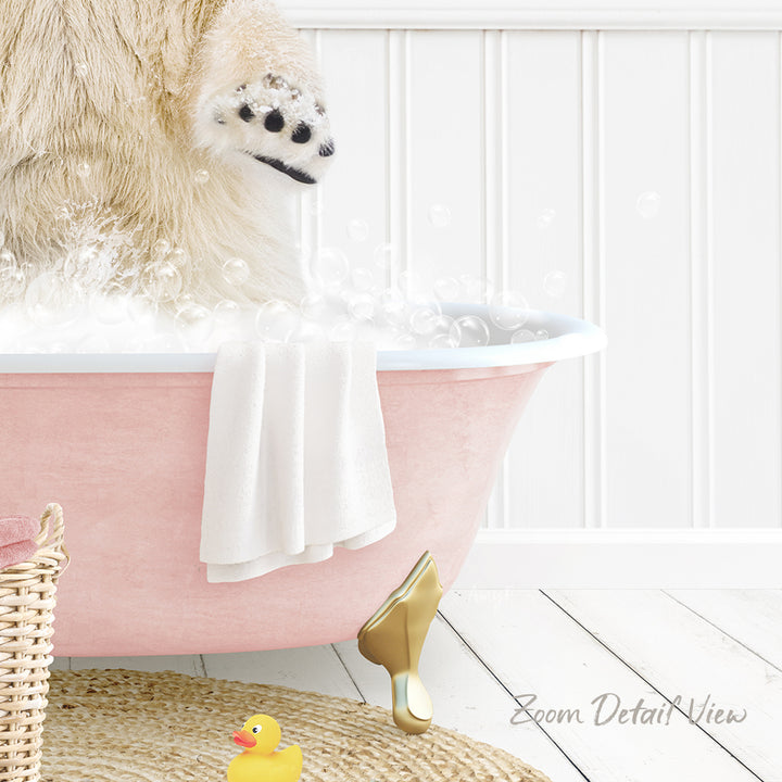 A pink bathtub filled with bubbles, with a polar bear standing in it and a yellow rubber duck nearby.