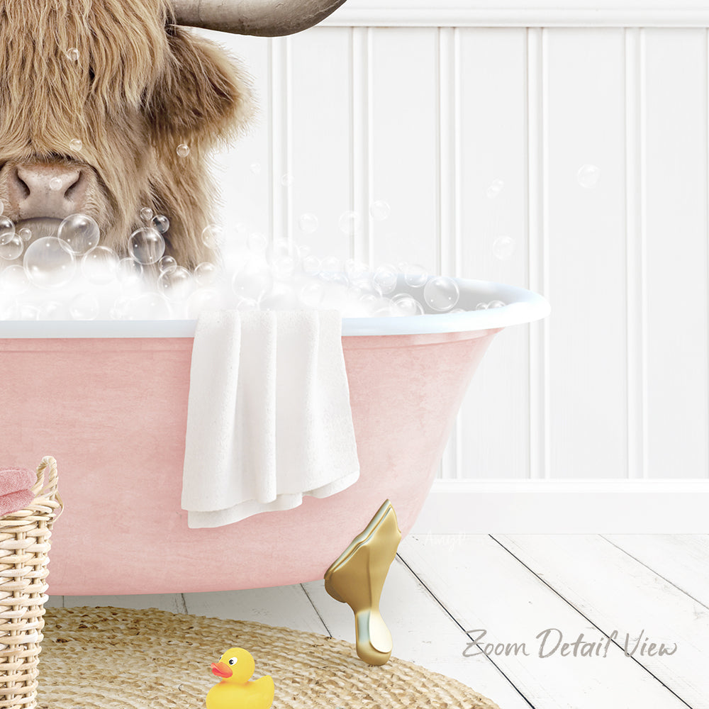 A pink bathtub filled with bubbles, with a large horned animal, possibly a yak or a cow, sitting inside and enjoying the bath. There is a yellow rubber duck nearby, and a towel is also present in the scene.