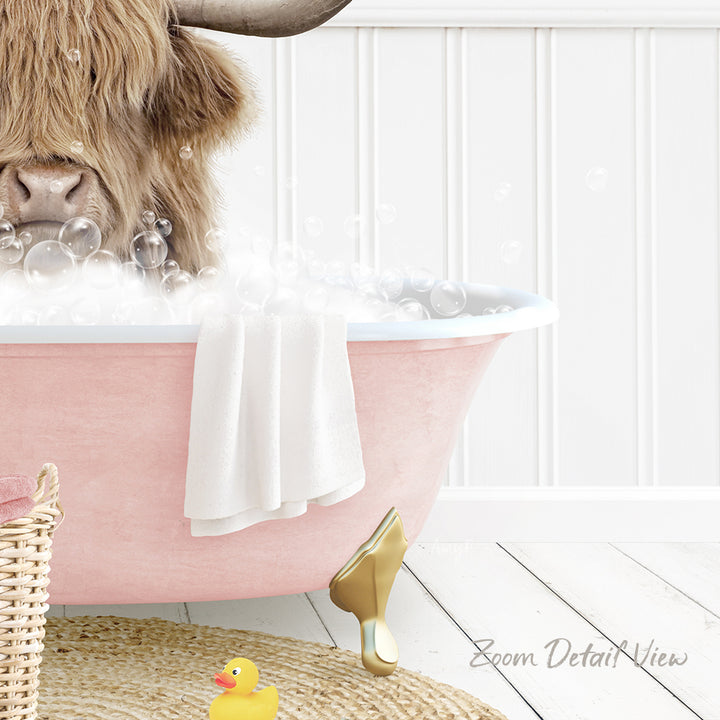 A pink bathtub filled with bubbles, with a large horned animal, possibly a yak or a cow, sitting inside and enjoying the bath. There is a yellow rubber duck nearby, and a towel is also present in the scene.