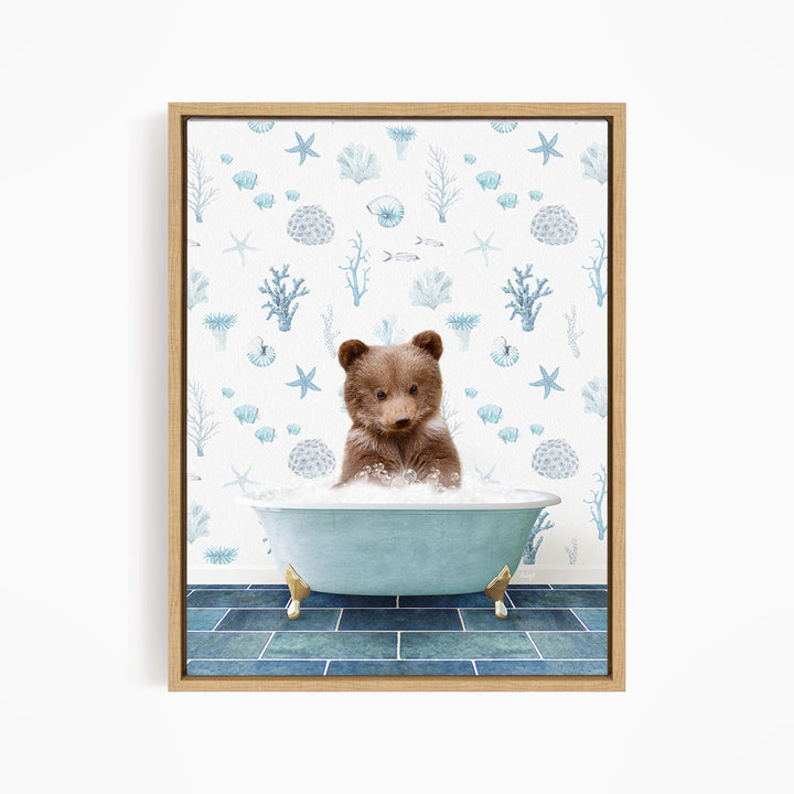 A cute brown bear sitting in a blue bathtub filled with bubbles, surrounded by a pattern of seashells, starfish, and other marine life.