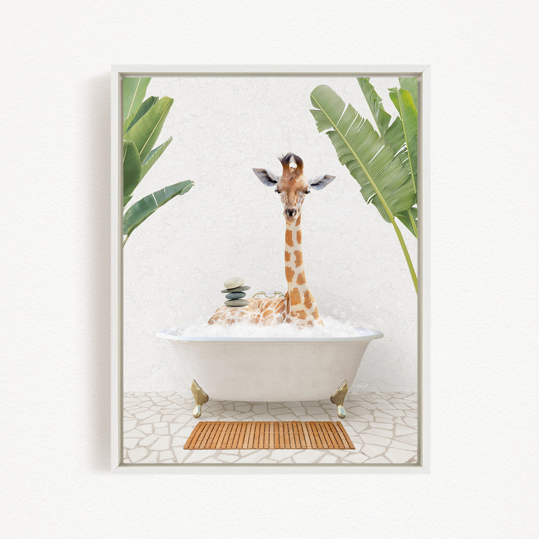 A giraffe is sitting in a bathtub filled with water, surrounded by tropical plants.