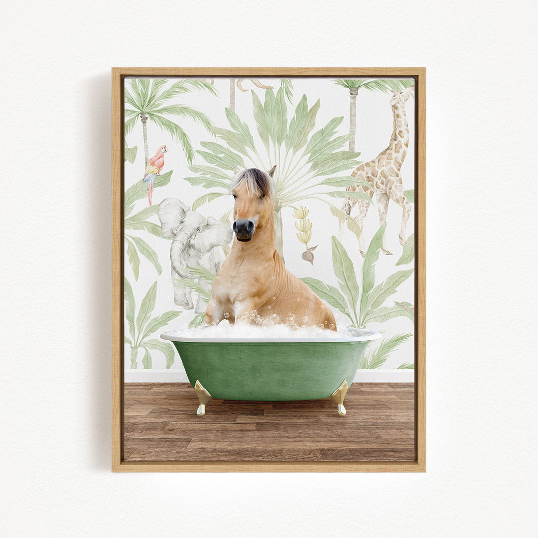 A horse is sitting in a green bathtub filled with water, surrounded by a tropical wallpaper with palm trees, giraffes, and other animals.