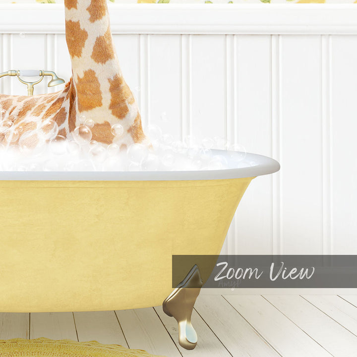 A giraffe standing in a yellow bathtub filled with bubbles, with the text "Zoom View" displayed below the image.