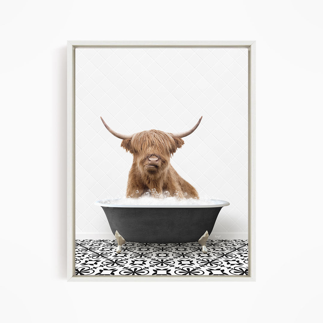 A Highland cow with shaggy brown hair is sitting in a black bathtub filled with water, with a black and white patterned floor beneath it.