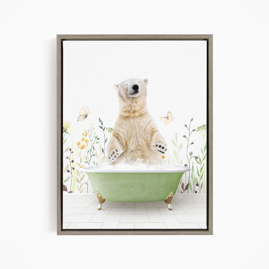 A polar bear is sitting in a green bathtub filled with water, surrounded by flowers and butterflies.