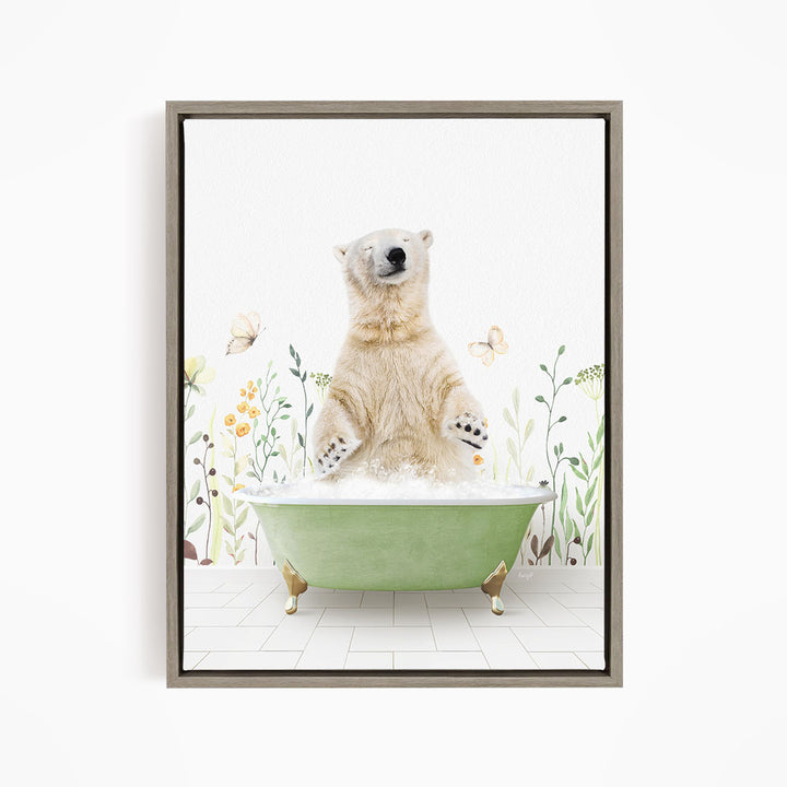 A polar bear is sitting in a green bathtub filled with water, surrounded by flowers and butterflies.