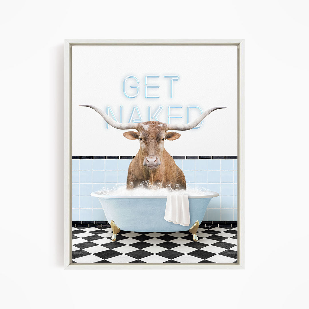 A brown cow with large horns is sitting in a blue bathtub filled with bubbles, with the text "GET NAKED" displayed above it.