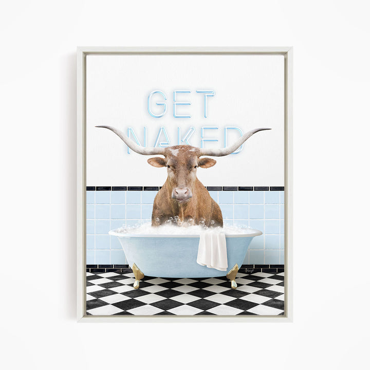 A brown cow with large horns is sitting in a blue bathtub filled with bubbles, with the text "GET NAKED" displayed above it.
