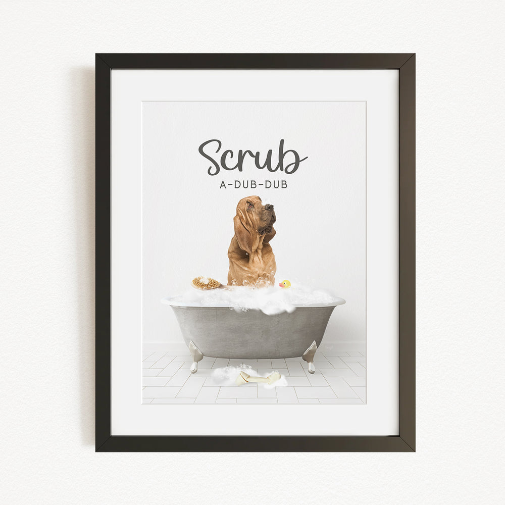 A dog sitting in a bathtub filled with bubbles, with the text "Scrub A-DUB-DUB" above it.