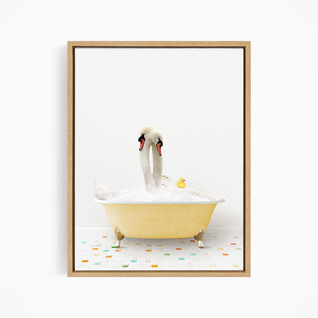 A pair of swans standing in a yellow bathtub filled with bubbles, with a rubber duck floating nearby.
